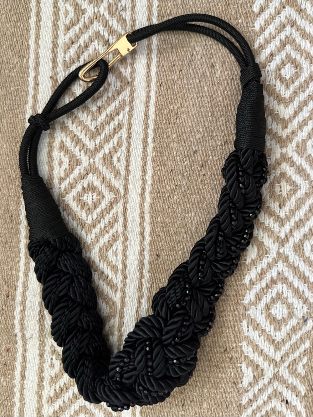 Vintage 80s Whimsigoth Black Braided Macramé Beaded Rope Belt L Fairy